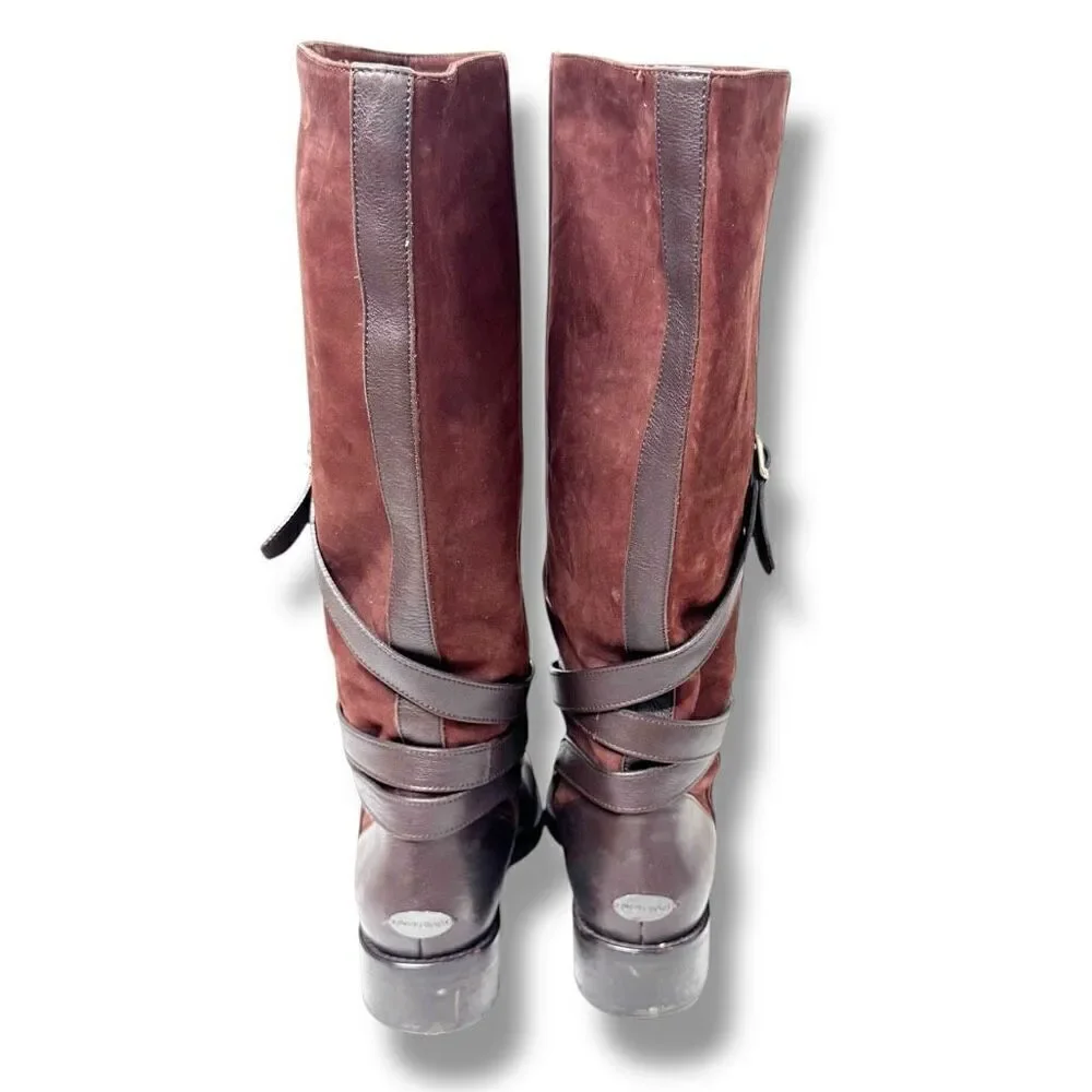 Jimmy Choo DARLA Riding Boots Tall Knee Buckles Flat Brown Leather Suede Size 38